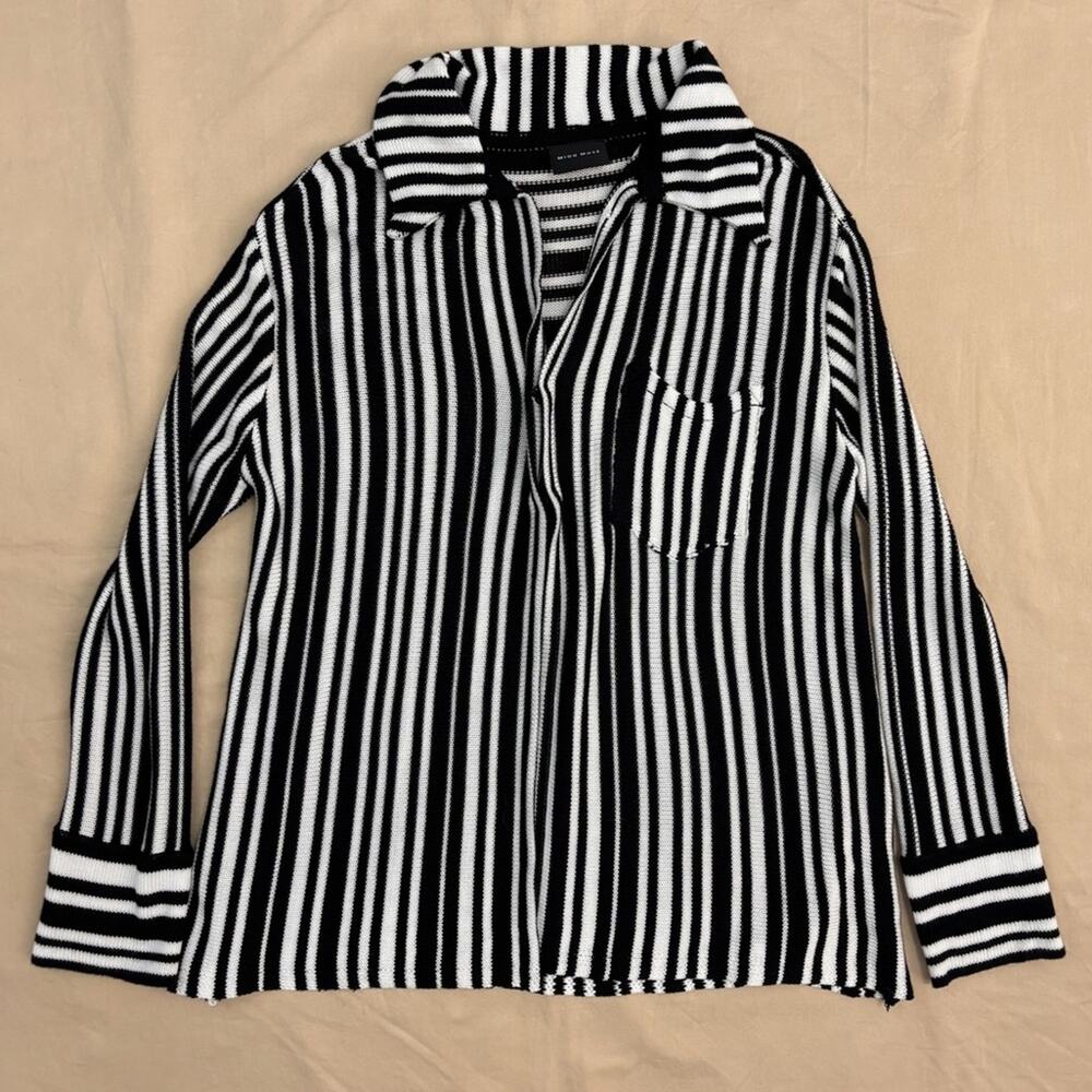 Miou Muse Black and White Striped Open Cardigan Collared Sweater Size Small